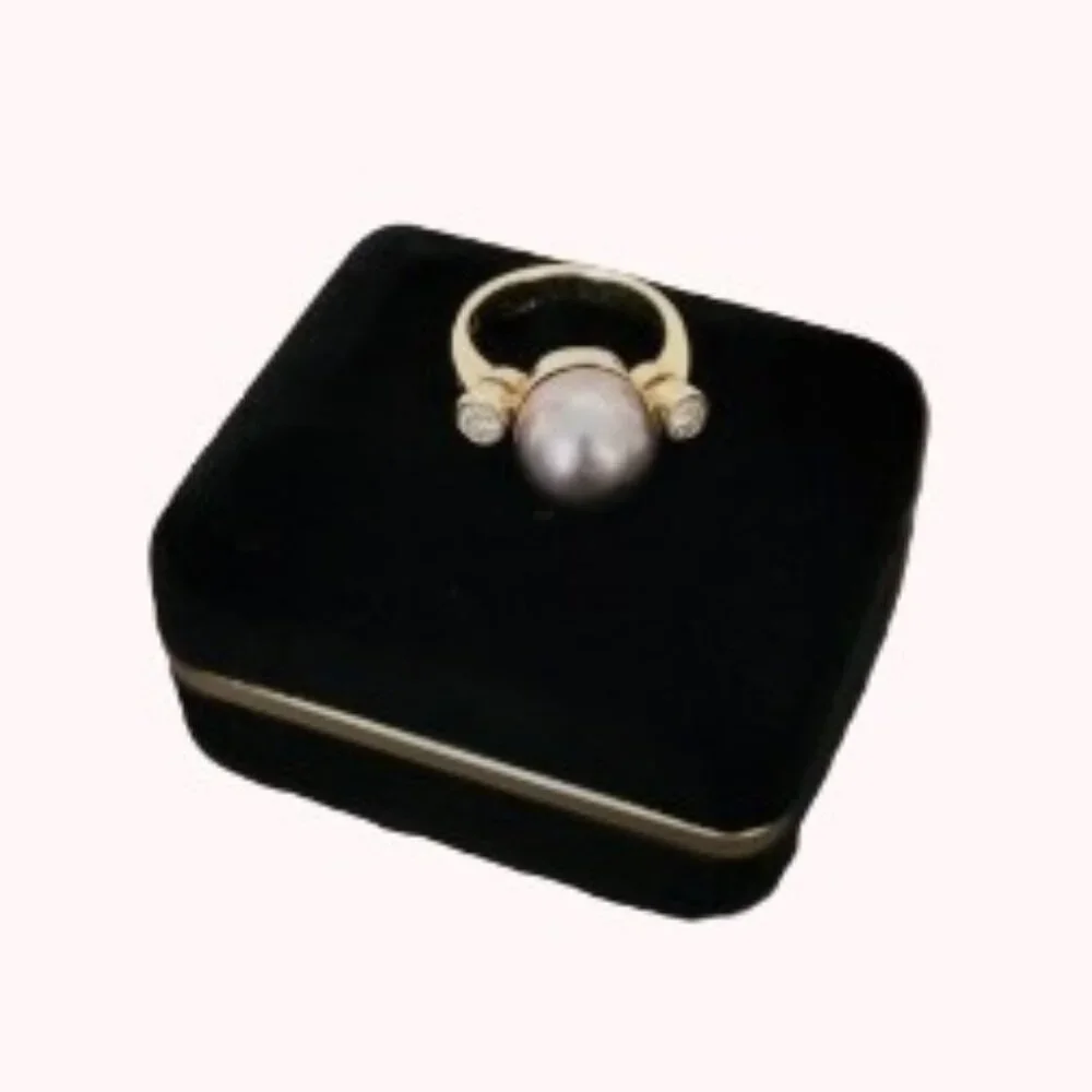 Vintage 14K Gold 12.2mm Black Cultured Pearl & 0.45ct Diamond Ring - Size 7.5